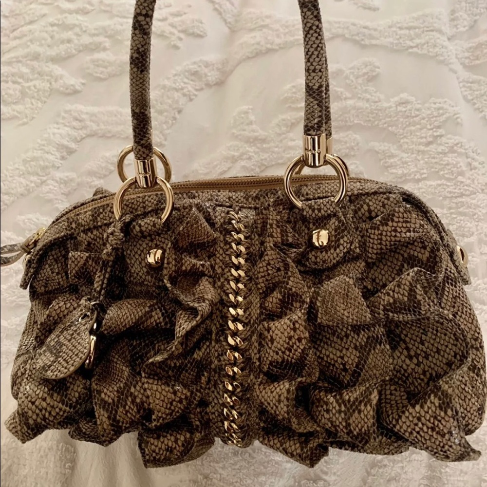 bebe Ruffle Snakeskin Handbag